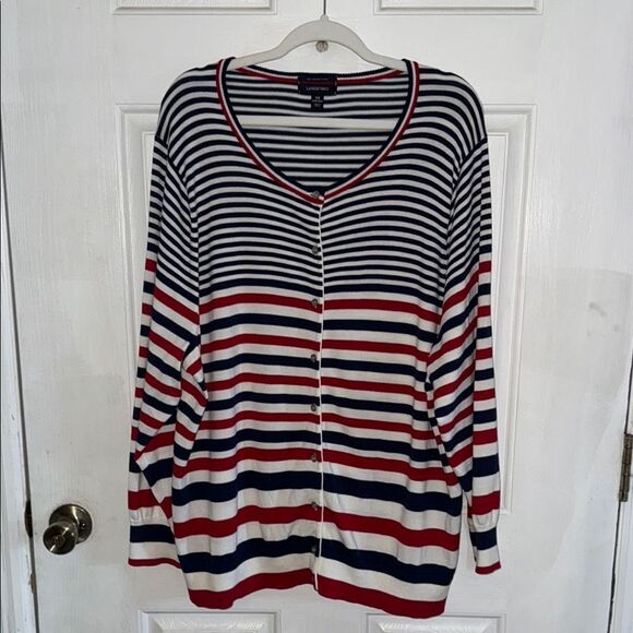 Lands’ End Women’s 3X 24W-26W Pima Cotton Cardigan red white blue - Picture 2 of 10